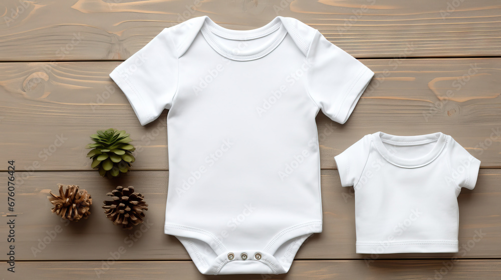White Baby Outfit on Wooden Table, expecting baby White Baby Outfit on Wooden Table, expecting baby