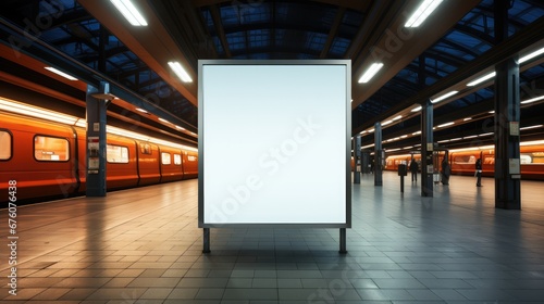 Blank poster in a metro station against the backdrop of a train in motion. photo