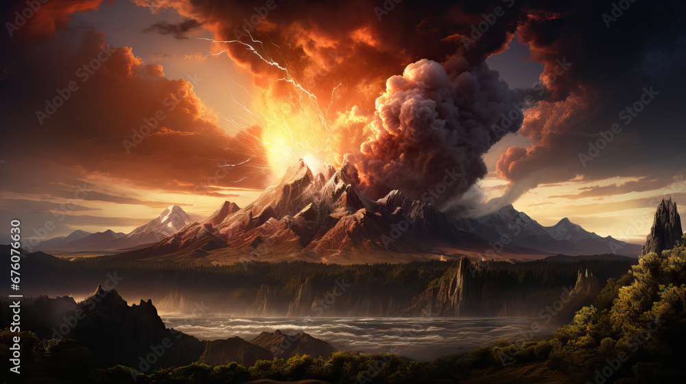 erupting volcano, huge smoke, flaming sky, fire everywhere, effect of global warming, beside the ocean