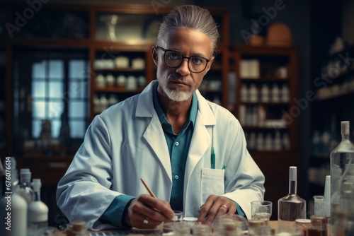 Male pharmacist is working in the laboratory  Concentrating on mixing medicines.
