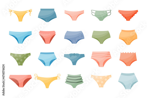 Set of different types of women's panties, swimming trunks. Illustration, icons, vector