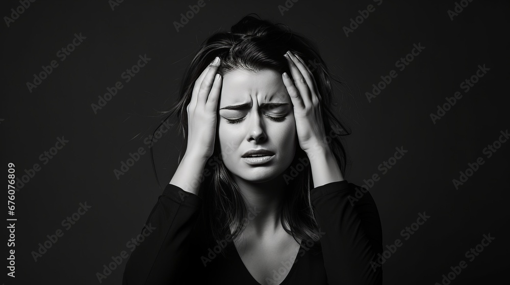 A woman in discomfort close up portrait of a woman massaging her temples in a well lit room A woman in discomfort close up portrait of a woman massaging her temples in a well lit room
