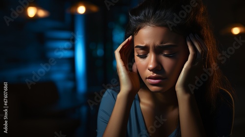 Stressed woman sitting in a well lit room, massaging her temples with a pained expression photo