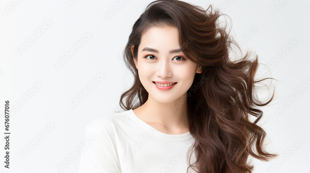Portrait of a young asian happy woman smiling on white background.
Portrait of a young asian happy woman smiling on white background.