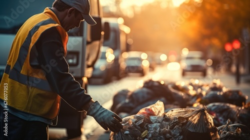 Close up hands of garbage Man working together in morning to picking plastic garbage to garbage truck. photo