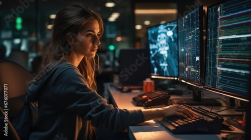 Female Programmer Coding on Desktop Computer With Monitors Setup in modern Office, Woman Monitors Data Protection System For Cyber Security.