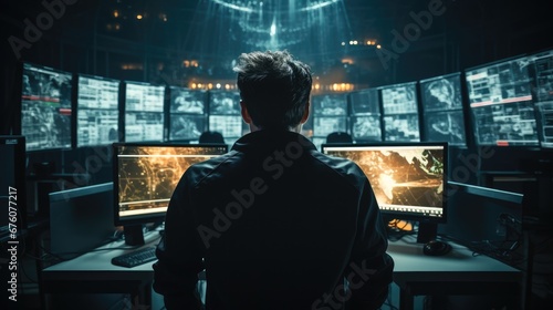 Security guard with computer monitor in surveillance room at night.