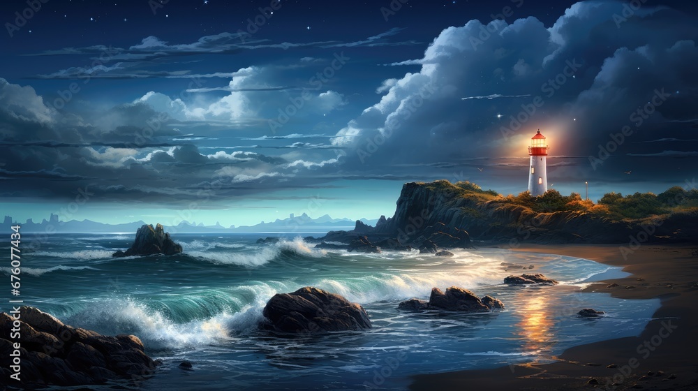  a painting of a lighthouse on a rocky shore with waves crashing in front of it and a full moon in the sky.  generative ai
