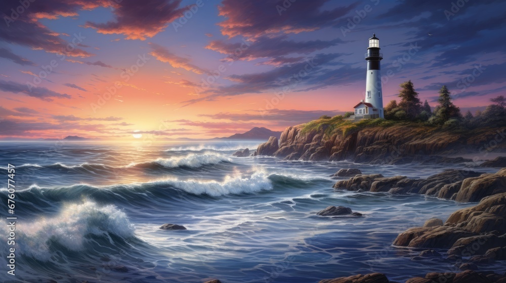  a painting of a lighthouse in the middle of a body of water with waves in front of it and a sunset in the background.  generative ai