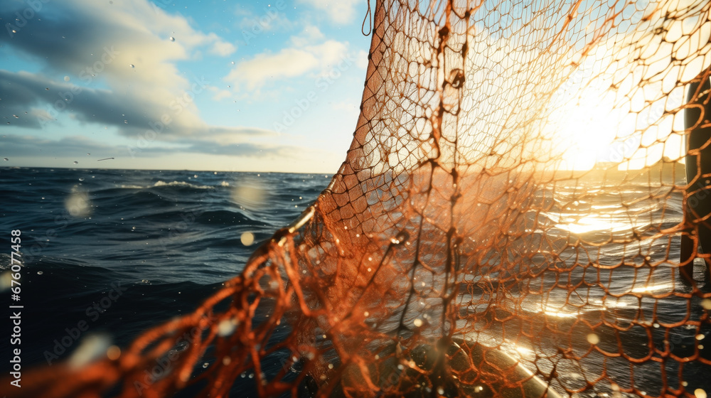 view of the Barents Sea through a fishing net. Fishing net on a ship. Fishing. - obrazy, fototapety, plakaty 