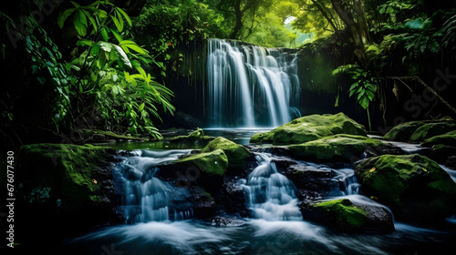 Enchanting Waterfall Cascading Through Lush Greenery  Captured with a Slow Shutter Speed to Emphasize the Flow  Enriched with Deep and Vivid Tones for an Alluring Aesthetic