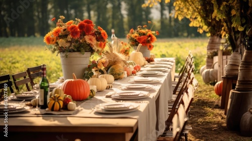 Autumn outdoor banquet table with flowers and pumpkins wide fall harvest season rustic fete party outside dining tablescape