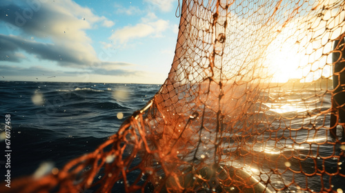 view of the Barents Sea through a fishing net. Fishing net on a ship. Fishing.