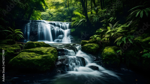 Enchanting Waterfall Cascading Through Lush Greenery, Captured with a Slow Shutter Speed to Emphasize the Flow, Enriched with Deep and Vivid Tones for an Alluring Aesthetic © Aaron Wheeler