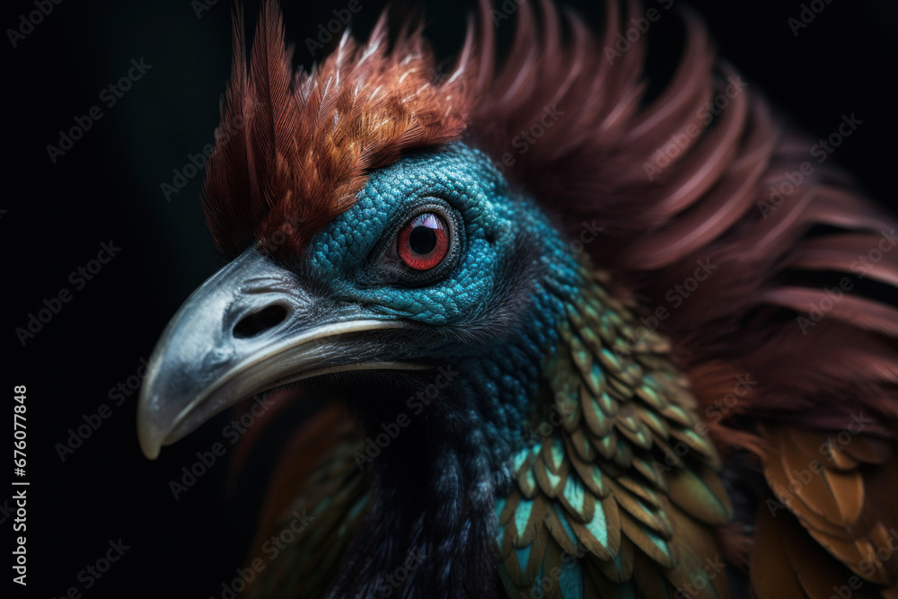 Colorful Fantasy Bird with a beak with a Dark Background 