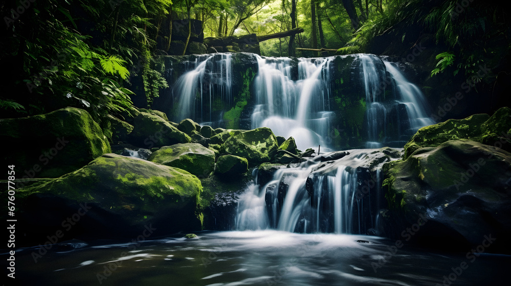 Enchanting Waterfall Cascading Through Lush Greenery, Captured with a Slow Shutter Speed to Emphasize the Flow, Enriched with Deep and Vivid Tones for an Alluring Aesthetic Enchanting Waterfall Cascading Through Lush Greenery, Captured with a Slow Shutter Speed to Emphasize the Flow, Enriched with Deep and Vivid Tones for an Alluring Aesthetic