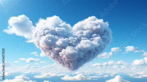 Eine große, flauschige Wolke in Form eines Herzens schwebt majestätisch vor einem strahlend blauen Himmel. Um sie herum befinden sich andere weiße Wolken, friedvolle Atmosphäre, Liebe, Valentinstag © mutom