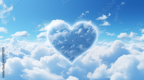Eine große, flauschige Wolke in Form eines Herzens schwebt majestätisch vor einem strahlend blauen Himmel. Um sie herum befinden sich andere weiße Wolken, friedvolle Atmosphäre, Liebe, Valentinstag photo