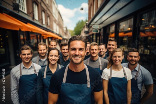 A big group of employees posing in front of their restaurant.