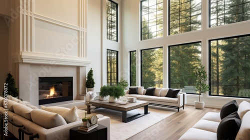 Beautiful living room interior with hardwood floors and fireplace in new luxury home Large bank of windows hints at exterior view 