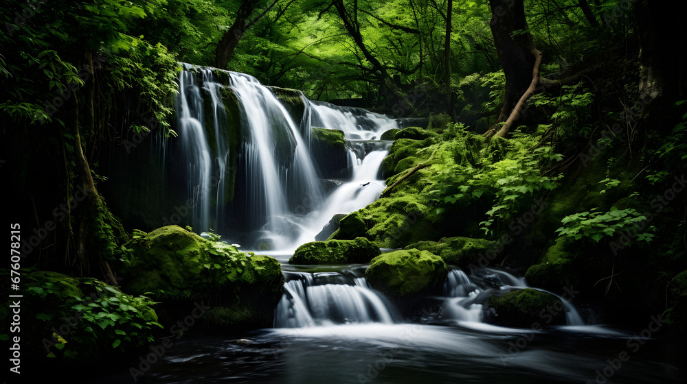 Enchanting Waterfall Cascading Through Lush Greenery, Captured with a Slow Shutter Speed to Emphasize the Flow, Enriched with Deep and Vivid Tones for an Alluring Aesthetic