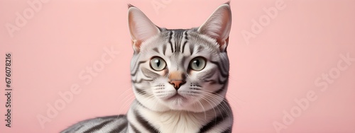 American shorthair cat on a pastel background. Cat a solid uniform background, for your advertising and design with copy space. Creative animal concept. Looking towards camera. © 360VP