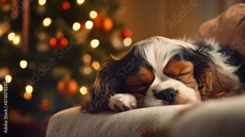 copy space, stockphoto, copy space, stockphoto, cute cavalier king charles sleeping on the sofa in a exquisit cozy christmas decorated living room. Christmas decoration. Background for greeting card,