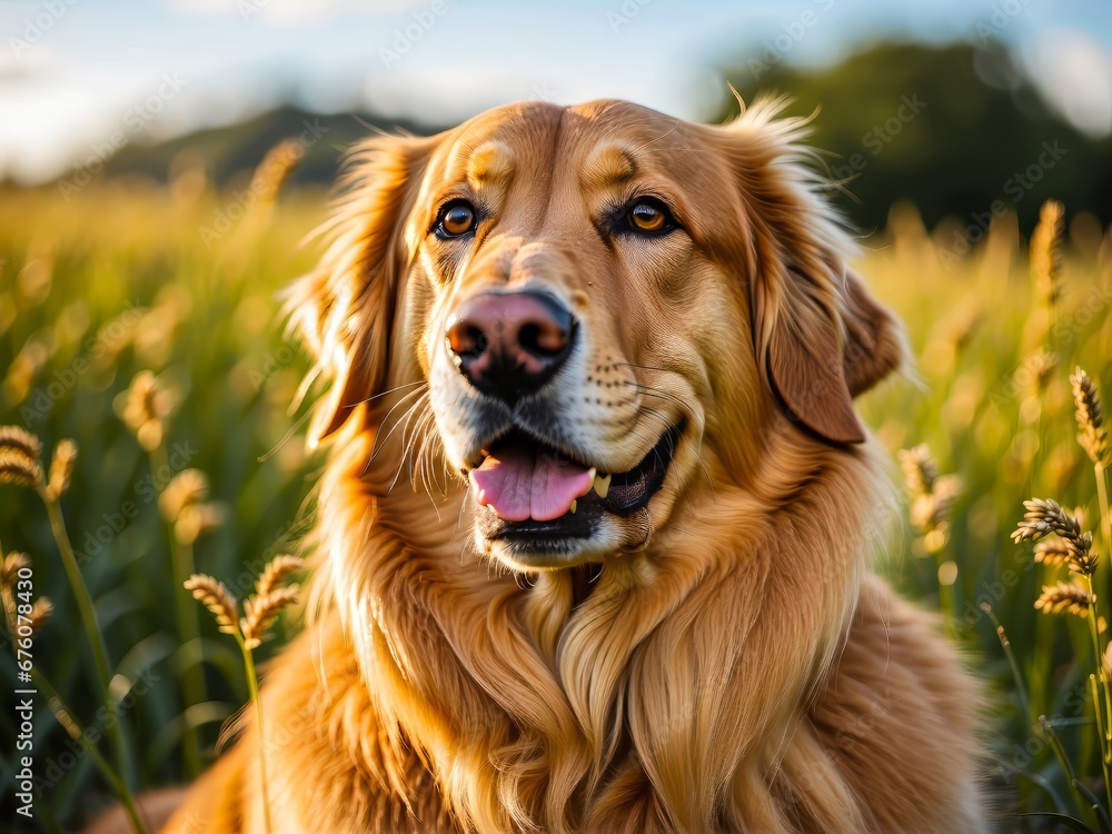 Portrait of a Golden Retriever Dog on an Autumn Field. Man's Best Friend. Portrait of the Dog on the Meadow. Family Dog.