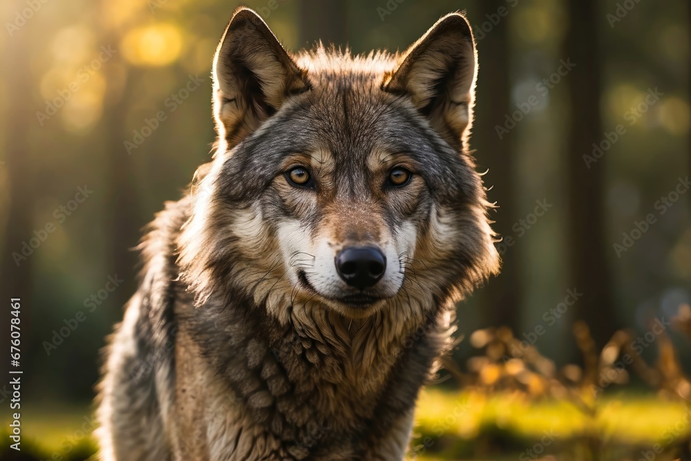 Portrait of the Timber Wolf. Gray Wolf in the Wilderness in the Deep Autumn. Canis lupus. Lone Wolf in Deep Forest