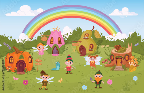 Cartoon fairy tale meadow. Fantasy world landscape with cute houses and characters, fairy and gnome little cabins flat vector illustration. Magical world panorama