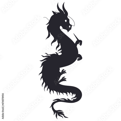 Fantasy flying dragon silhouette. Cartoon reptile, asian winged dragon. Chinese zodiac sign, fairy tale fire breathing dragon flat vector illustration