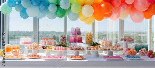 For my friend s colorful birthday party we prepared a stunning white and green backdrop with a border of blue and orange balloons creating a vibrant background reminiscent of a rainbow the t