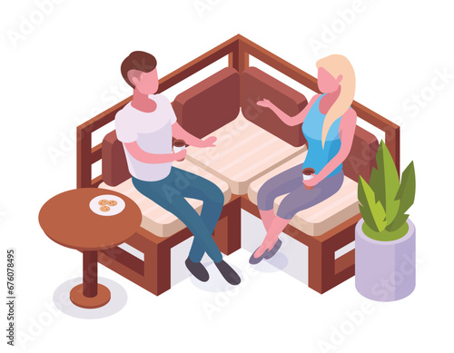 Isometric couple chilling on backyard. Garden furniture and relaxing characters, man and woman spending time on backyard 3d vector illustration