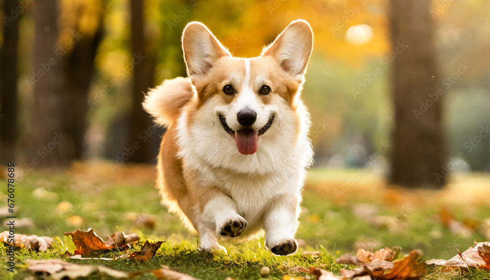 cute welsh corgi pembroke running outdoor in autumn park happy smiling dog banner with funny pet