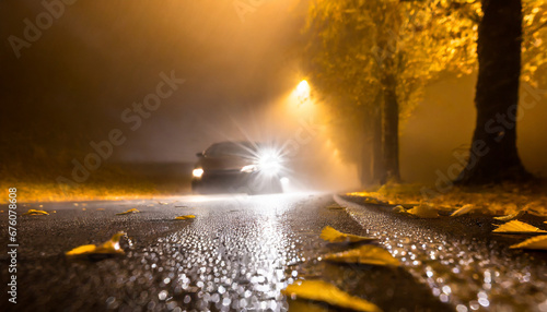 car luminous fog lamp close up autumn wet road in the weather rain and fog leaf fall in yellow tones the road in the headlights