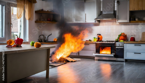 sudden accident in the kitchen leads to a fire outbreak causing chaos and urgency quick thinking and action are essential to prevent further escalation photo