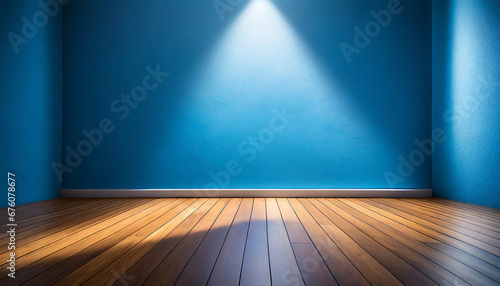 beautiful versatile backdrop for design and product presentation with blue wall light reflections and wooden floor © Alexander