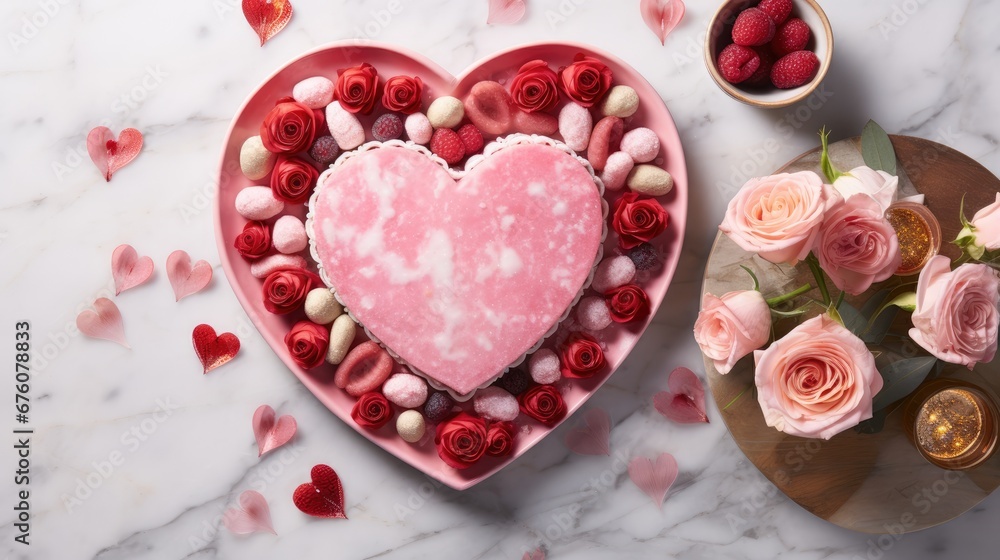 a heart shaped box filled with pink roses and marshmallows next to a bowl of raspberries. generative ai a heart shaped box filled with pink roses and marshmallows next to a bowl of raspberries. generative ai