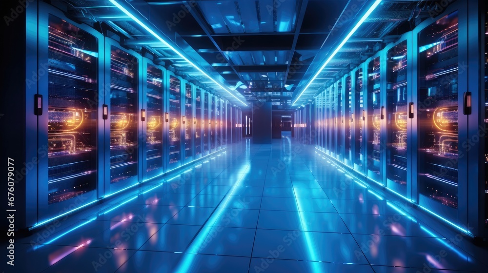 Server racks in a datacenter with neon lights.