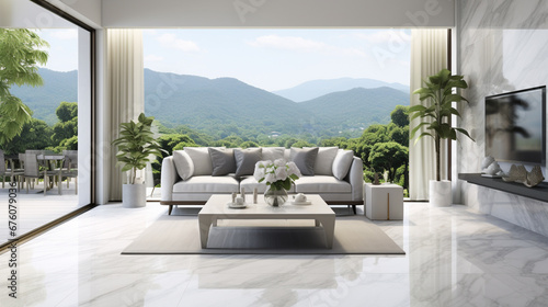 Modern style luxury white living room with glass chandelier overlooking nature view. Generative Ai © Witri