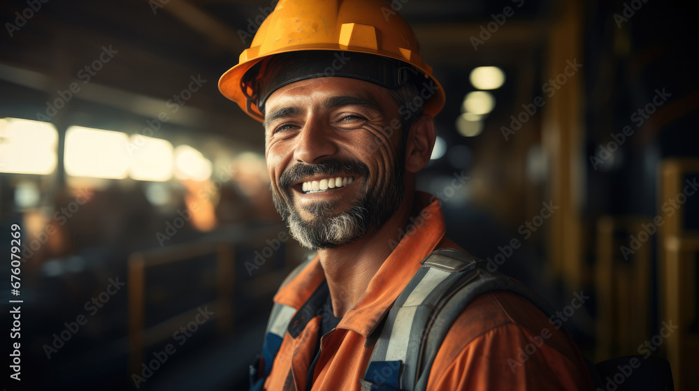 Obraz premium Arab worker with a grin in a bridge on the top of at oil rig platform offshore.