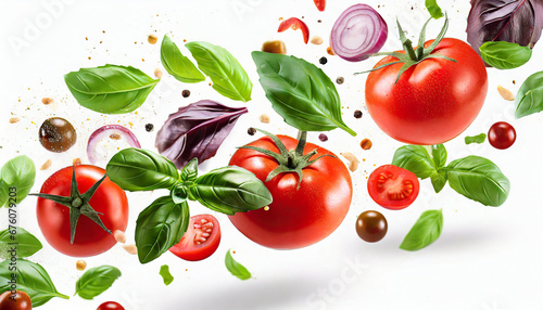 flying ingredients of tomatoes basil pepper on white background italian food