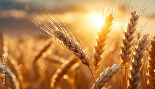 banner with ears of golden wheat over sunset sky close up beauty nature field background with sun flare ripening ears of meadow wheat field rich harvest beautiful summer or autumn nature backdrop