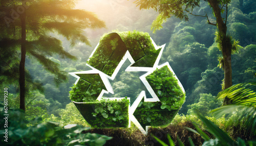 reduce reuse recycle symbol in the middle of a beautiful untouched jungle ecological concept an ecological metaphor for ecological waste management and a sustainable and economical lifestyle photo