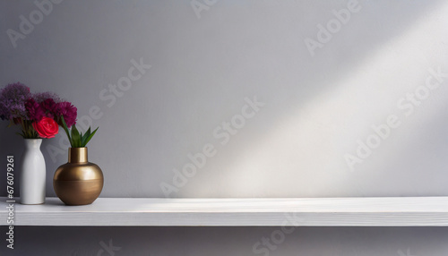 universal minimalistic background for product presentation white empty shelf on a light gray wall