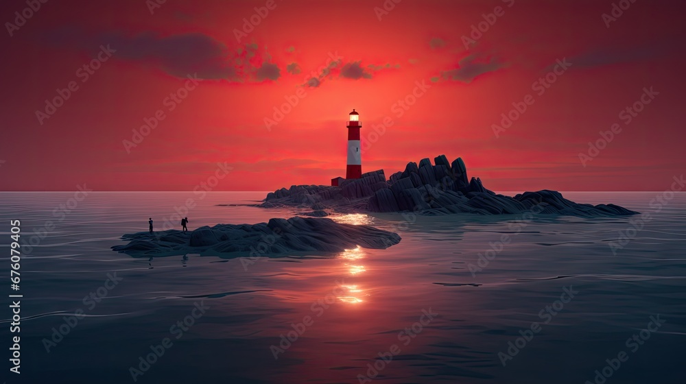  a painting of a lighthouse in the middle of a body of water with a bright red sky in the background.  generative ai
