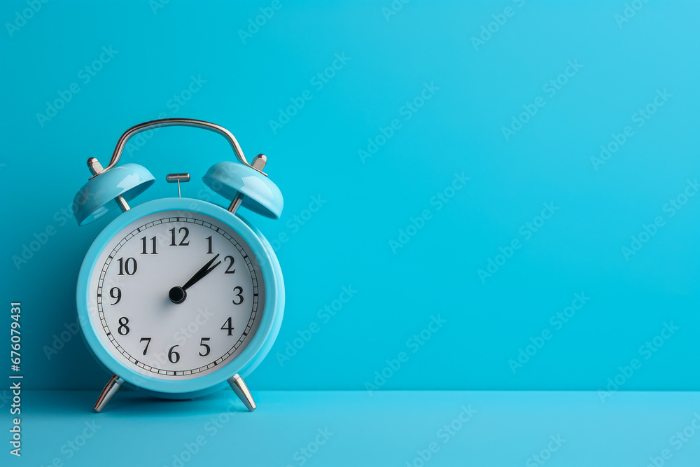 White alarm clock on blue background with copy space for text. Time concept White alarm clock on blue background with copy space for text. Time concept