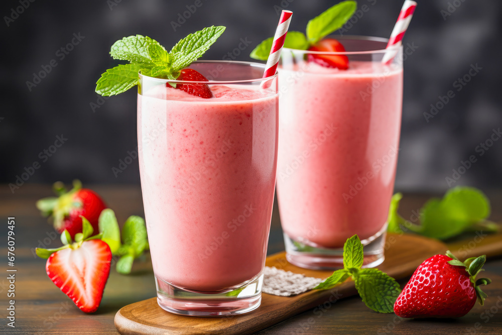 Strawberry milkshake in a glass on a dark background Strawberry milkshake in a glass on a dark background