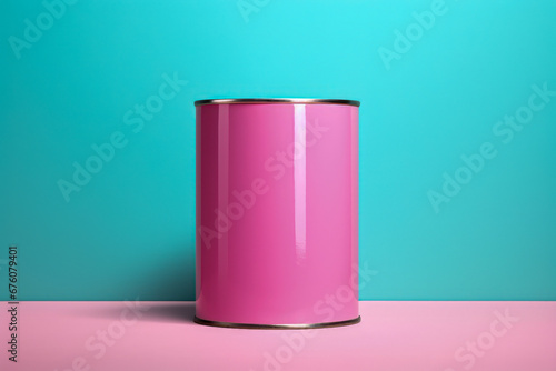 Pink tin can on blue background. 3d render. Minimal concept