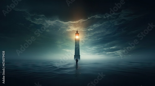  a lighthouse in the middle of a body of water with a bright light at the end of the light at the end of the pier.  generative ai